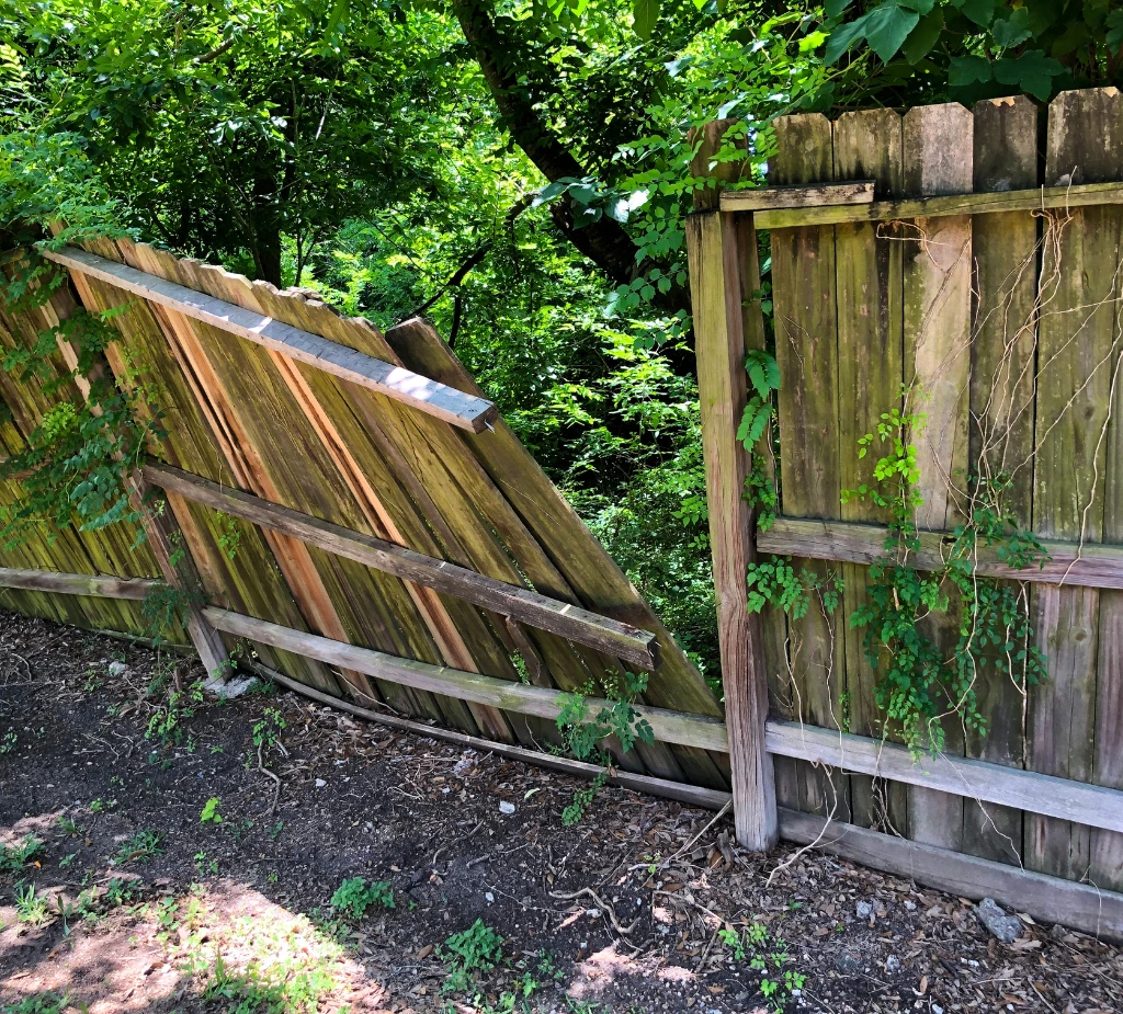 Damaged wooden fence fallen over after a storm, highlighting the importance of CTM Insurance's easy and reliable non-urgent claims submission process for home protection.