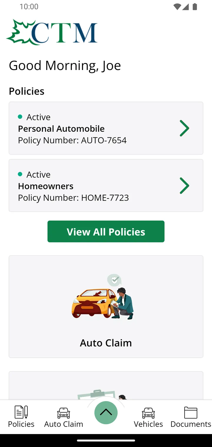 The CTM Insurance app open on a phone, listing an active Personal Automobile policy and an active Homeowners policy, with Auto Claim, Vehicles and Documents along the bottom.